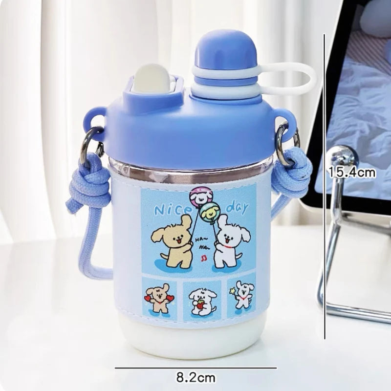  cute water bottle with cartoon designs held by hands against a blurred background. displaying the measurements of it.