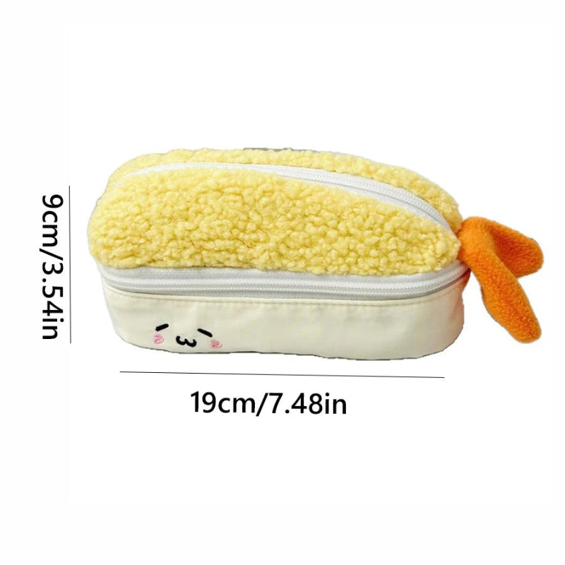 Plush pencil case with measurements on a white background