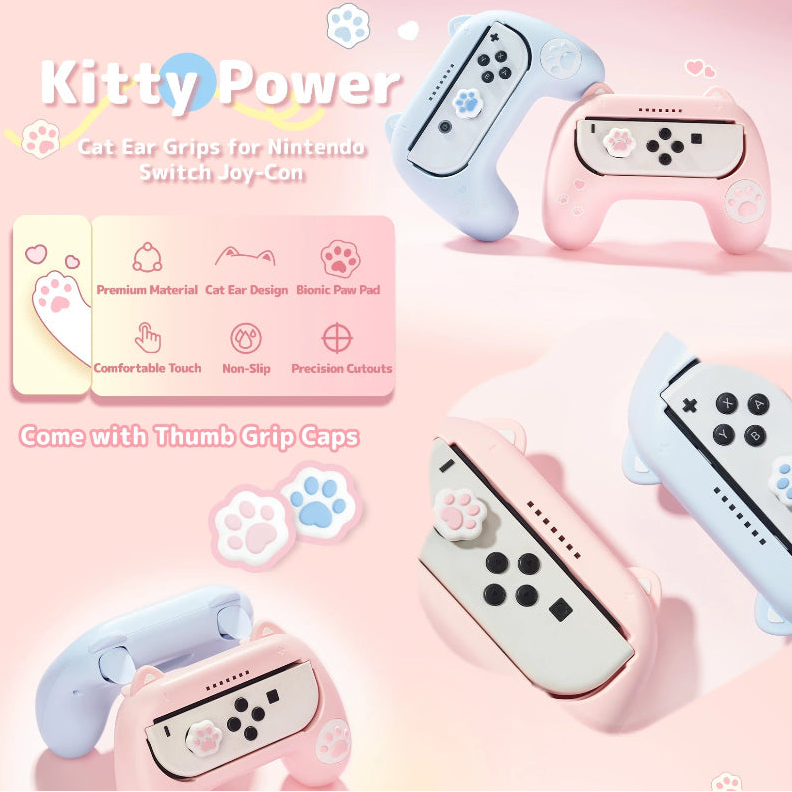 Kitty Power cat ear grips for Nintendo Switch Joy-Con on a pink background