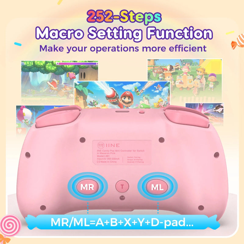 Pink game controller shaped like a pig with cartoon characters and text on a light pink background