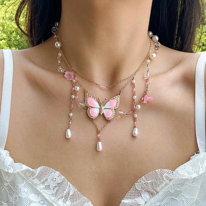 Butterfly Imitation Pearl Multi-Layer Necklace