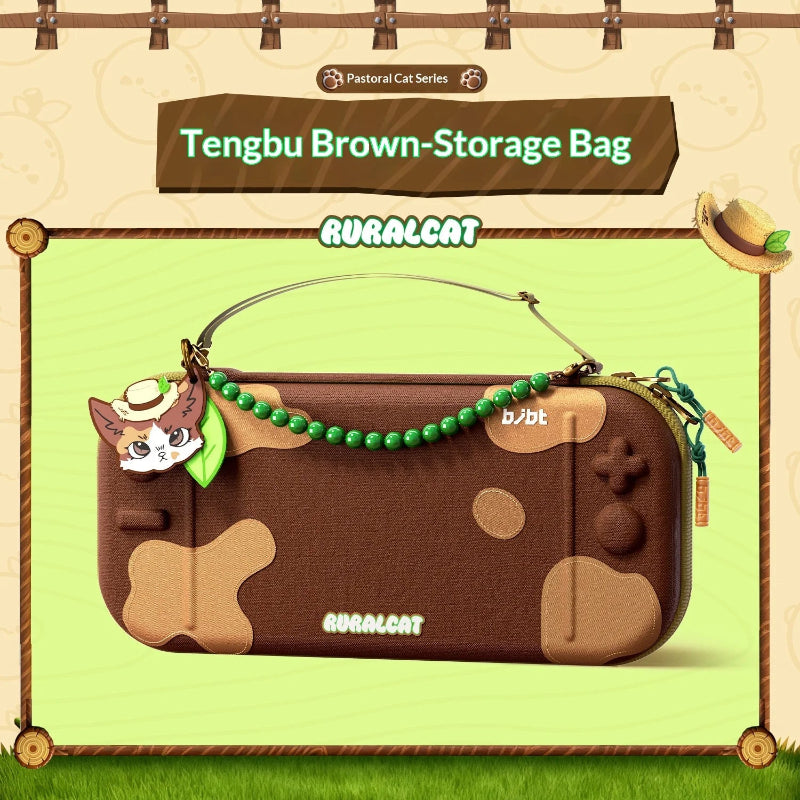 Brown storage bag with cat-themed design on a green background