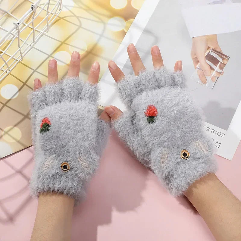 Kawaii Plush Bunny Mittens in grey