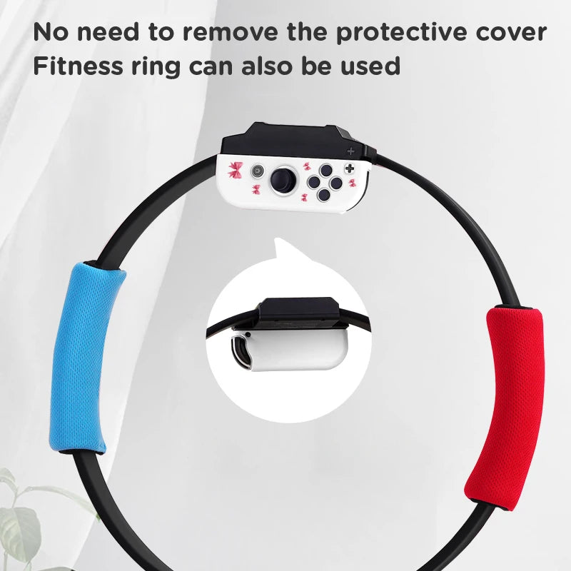 This image is displaying that you do not need to remove the protective cover of the Cute Pink Bows Switch Case when using it on the fitness ring.