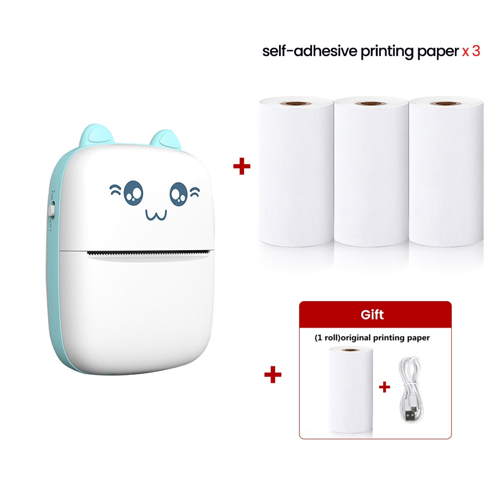 Kawaii Blue Portable Cat Thermal Printer With Paper