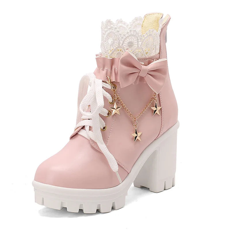 Pink platform boot with white laces and star decorations on a white background
