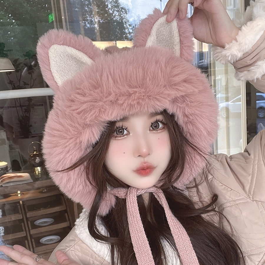 Kawaii Plush Cat Winter Hat in Pink
