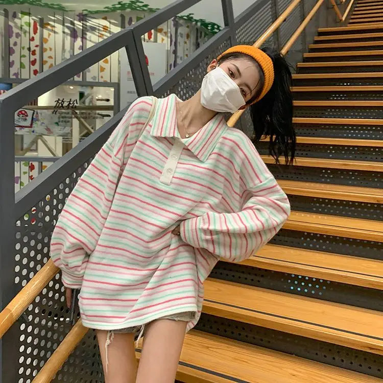 Kawaii Collared Rainbow Striped Sweater