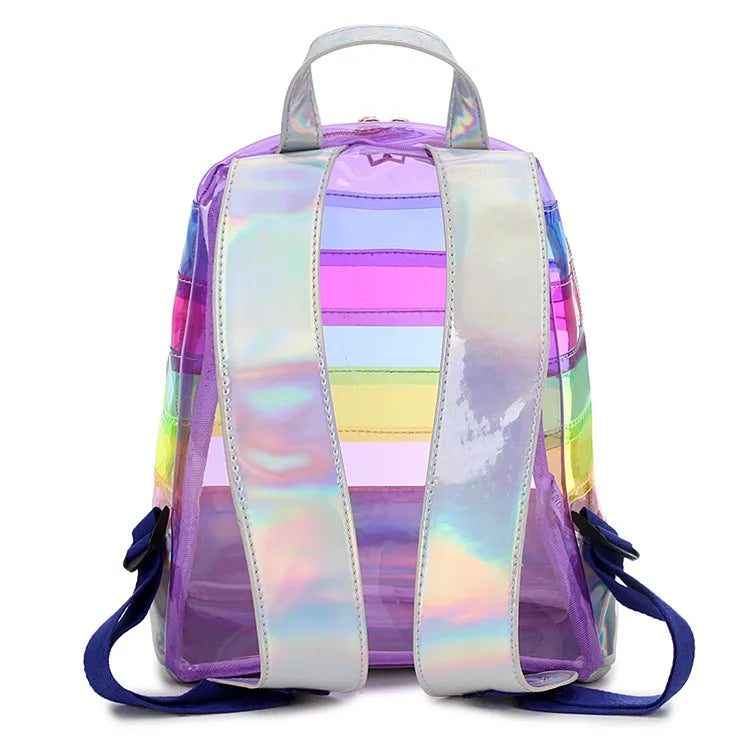clear rainbow mini backpack Red Shiny Backpack Transparent Stripe Satchel Colorful Rainbow Design Adorable Bookbag Fashion Large Capacity PVC School Bag