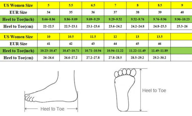 Size Chart of the Kawaii Pink Unicorn Sneakers 