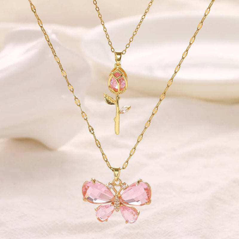 Kawaii Enchanting Butterfly Rose Necklace in the pink color 