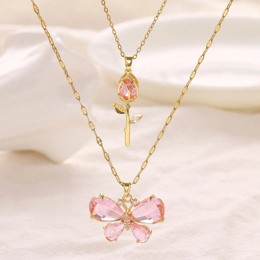 Kawaii Enchanting Butterfly Rose Necklace in the pink color 