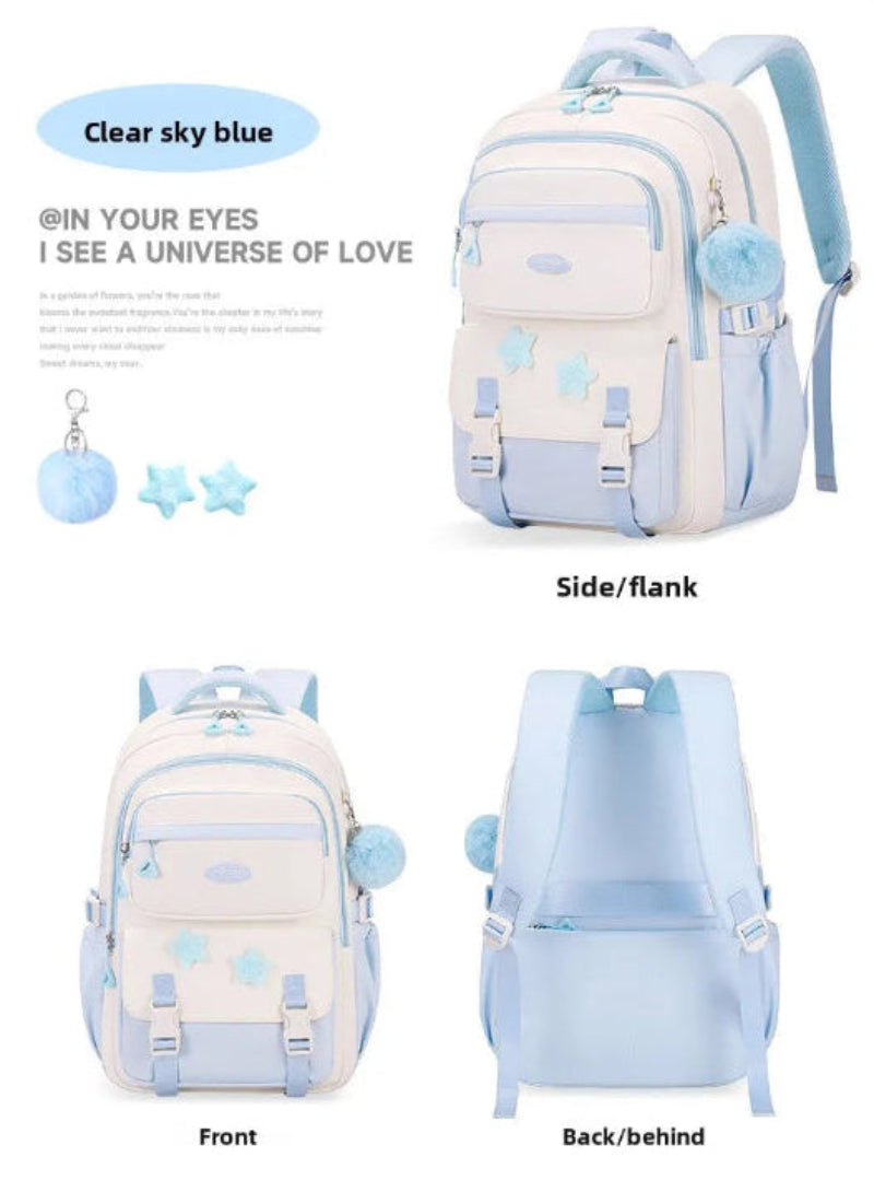 Clear sky blue backpack with decorative elements on a white background