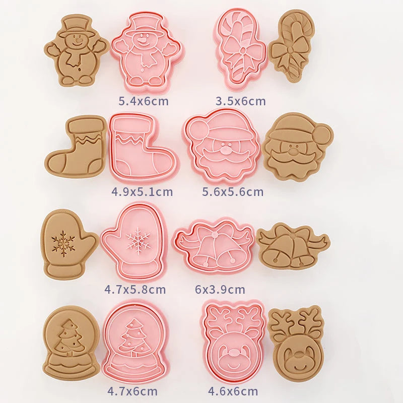 Set of Christmas-themed cookie cutters with measurements on a white background
