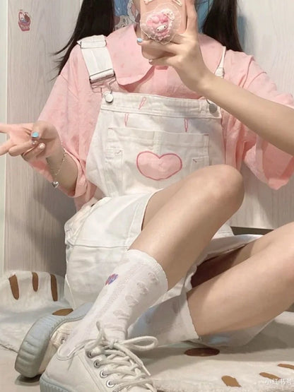 Pink Shirt and White Overalls Oufit