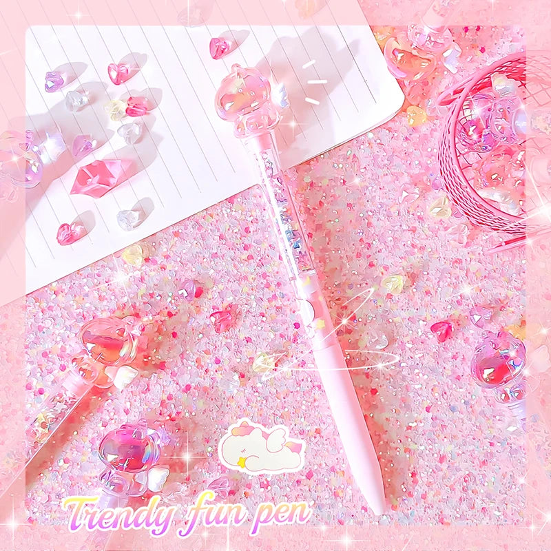Pink glittery surface with decorative pens and accessories on a pink background