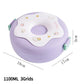 Purple lunch box with cartoon designs and dimensions on a white background