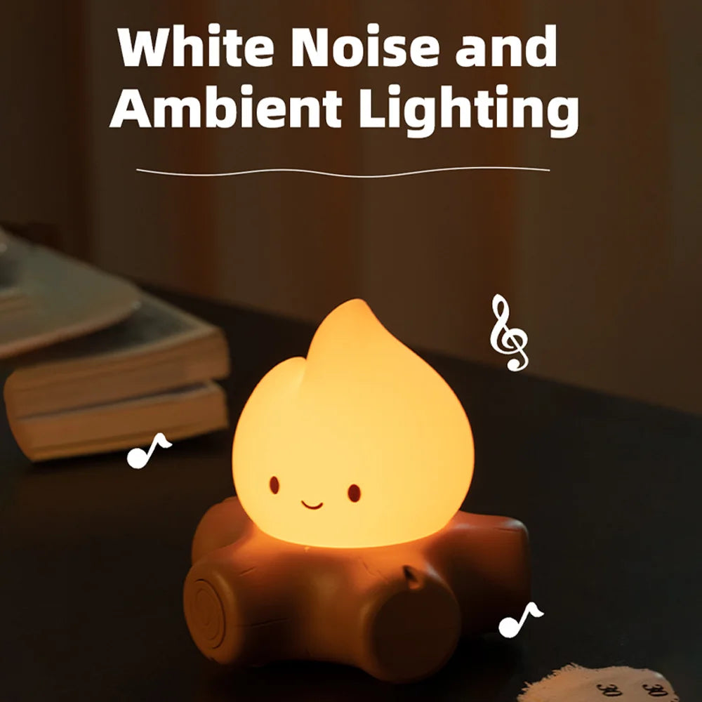 Cute campfire shaped night light with a dark background and text about white noise and ambient lighting.