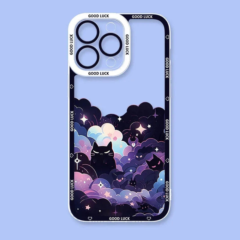 Phone case with cat and cloud design on a blue background