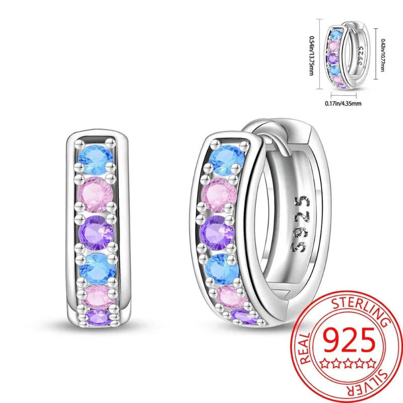 Silver hoop earrings with colorful gemstones and 'STERLING 925' stamp on a white background.