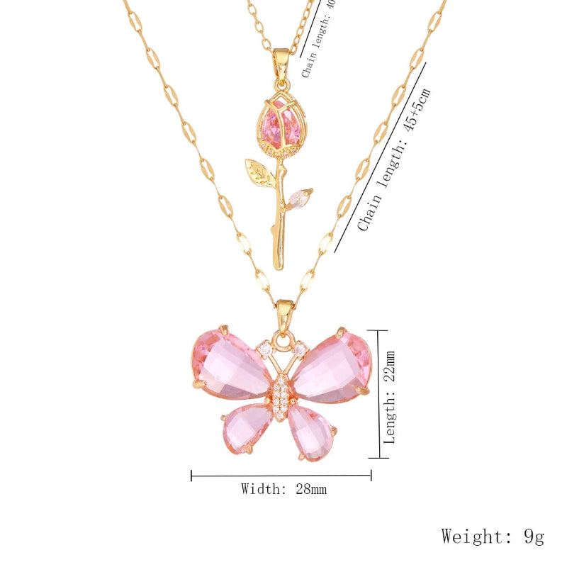 Kawaii Enchanting Butterfly Rose Necklace showing the dimension in the pink color