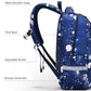 Blue backpack with star and moon pattern on a white background