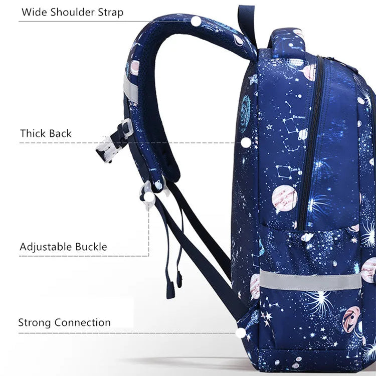 Blue backpack with star and moon pattern on a white background