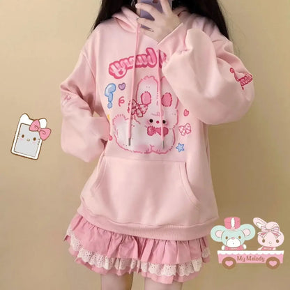 Kawaii Pink Bunny Print Hoodie
