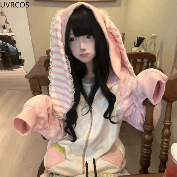 Strawberry Bunny Harajuku Hoodie | Kawaii Pastel Zip-Up