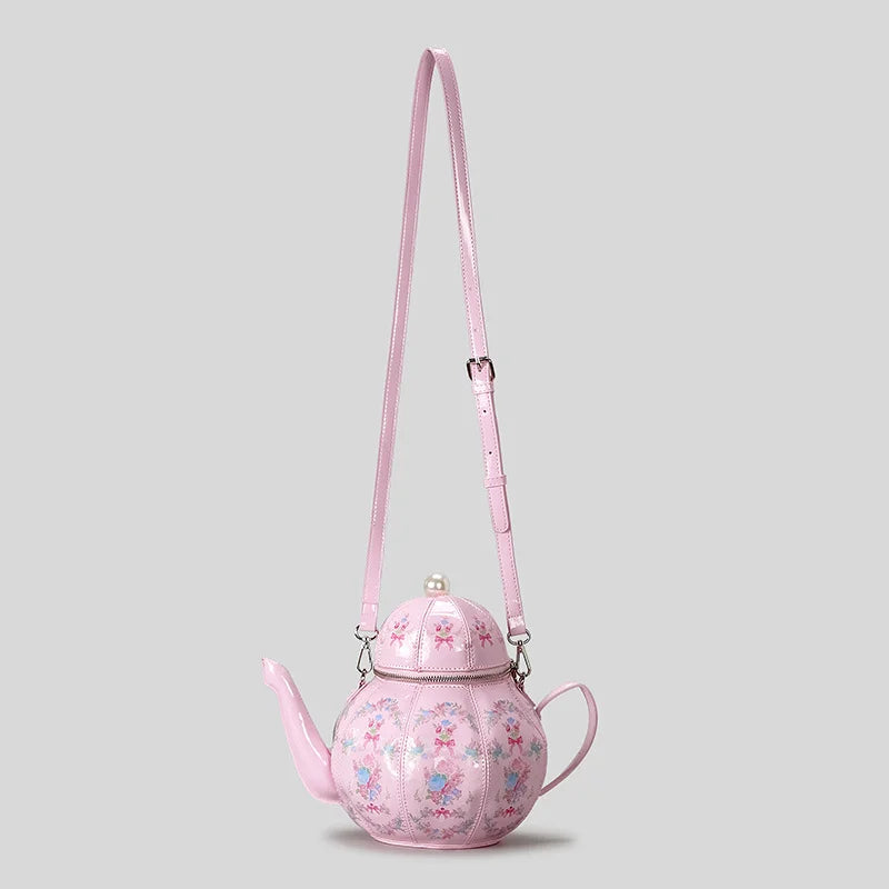kawaii pink tea party bag with shoulder strap on white background