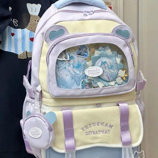 beary cute backpack with bear ears and a visible brand logo on a persons back