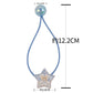 Star-shaped pendant on a blue cord with measurements indicated