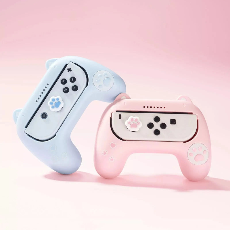 Two gaming controllers, one blue and one pink, on a pink background