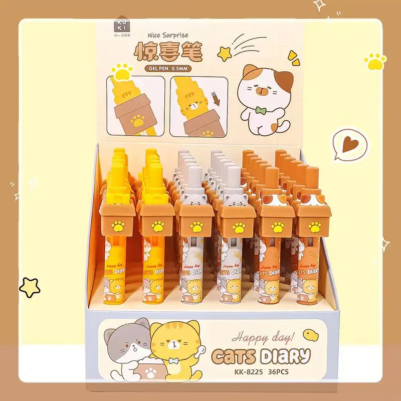 Kawaii Peek-a-Boo Cat Pens, positioned in a tray.
