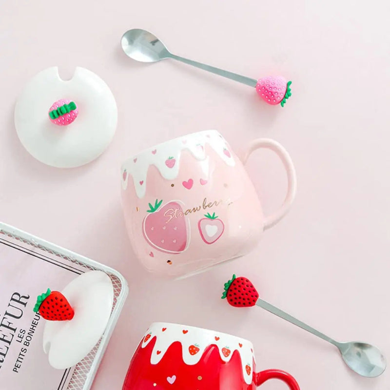 Kawaii Pink Strawberry Mug Set on a countertop 
