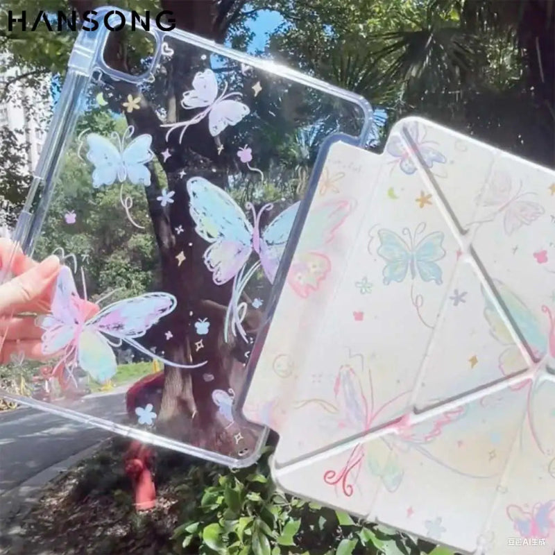 Clear ipad case with butterfly designs held outdoors