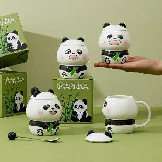 Ceramic Panda Mugs With Lid & Spoon