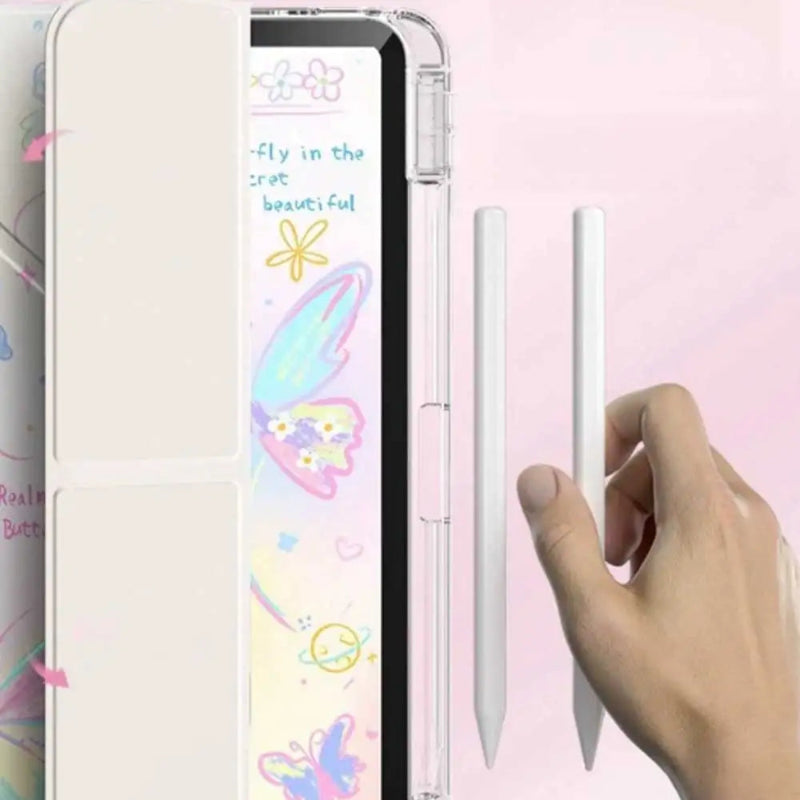 ipad case with colorful butterfly design and stylus on a pink background