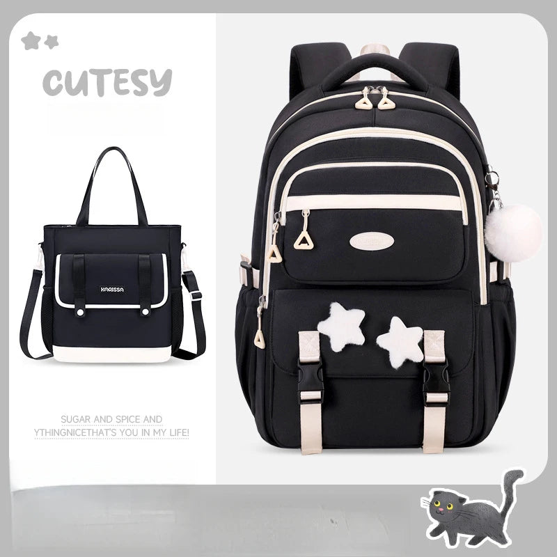 Black backpack with star designs and a matching handbag on a light gray background, branded 'CUTESY'.