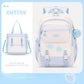 Cutesy white and light blue backpack with snowflake designs on a light blue background.