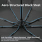 Aero-structured black steel umbrella with text highlighting features on a dark background