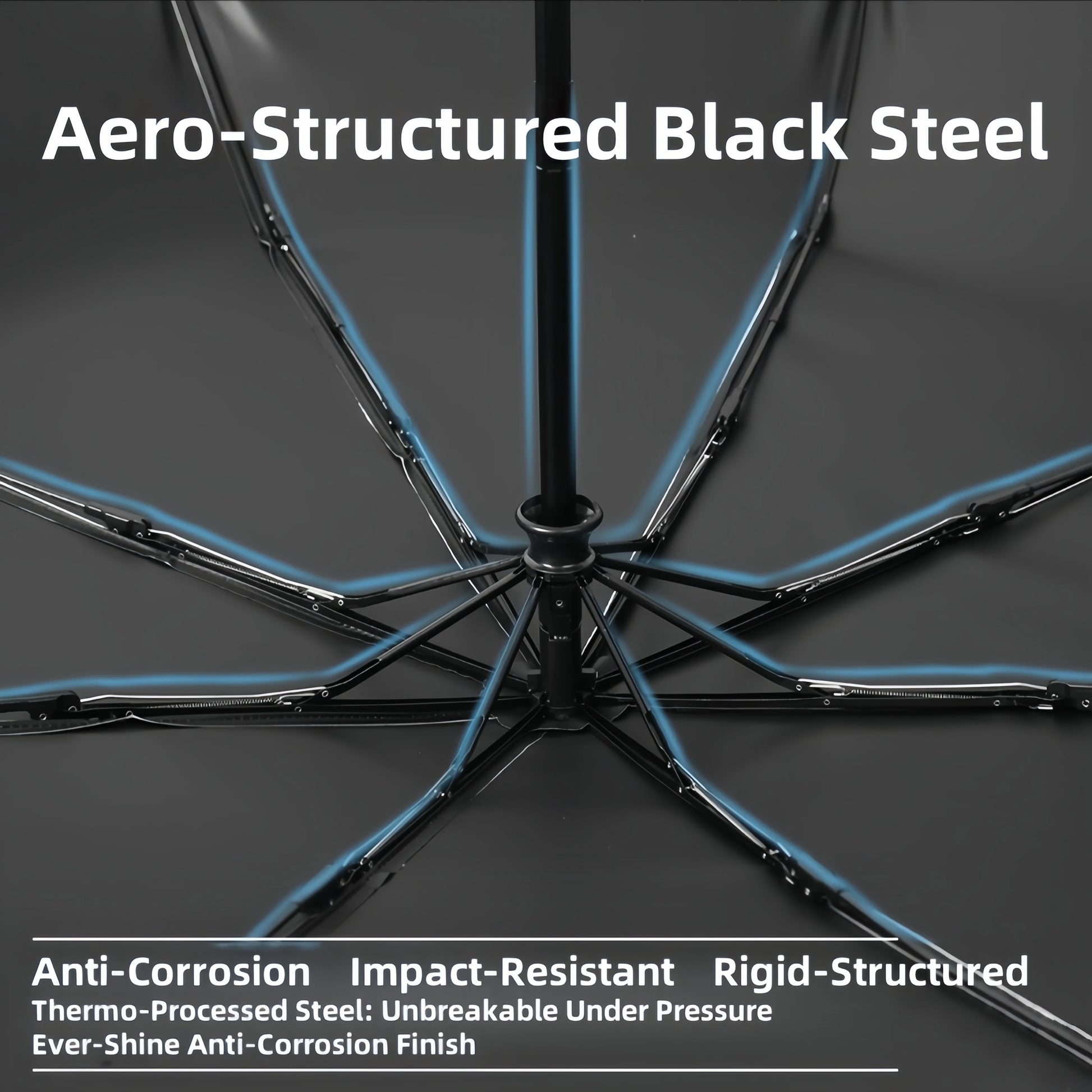 Aero-structured black steel umbrella with text highlighting features on a dark background