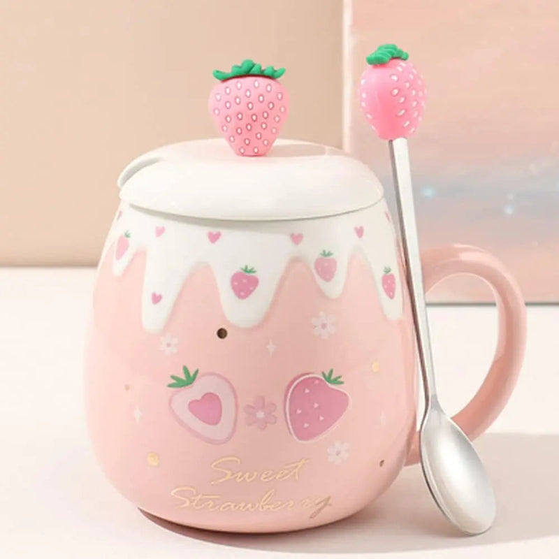 Kawaii Pink Strawberry Mug Set on a countertop with a spoon 