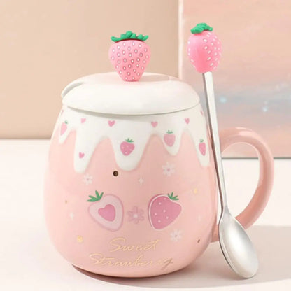 Kawaii Pink Strawberry Mug Set on a countertop with a spoon 
