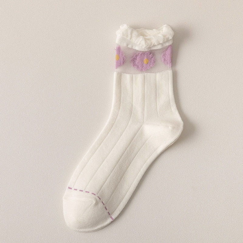 Kawaii White and Purple Floral Sock