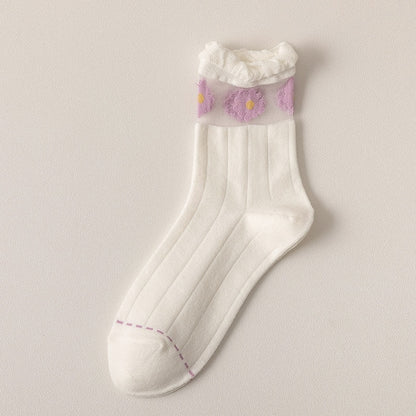 Kawaii White and Purple Floral Sock
