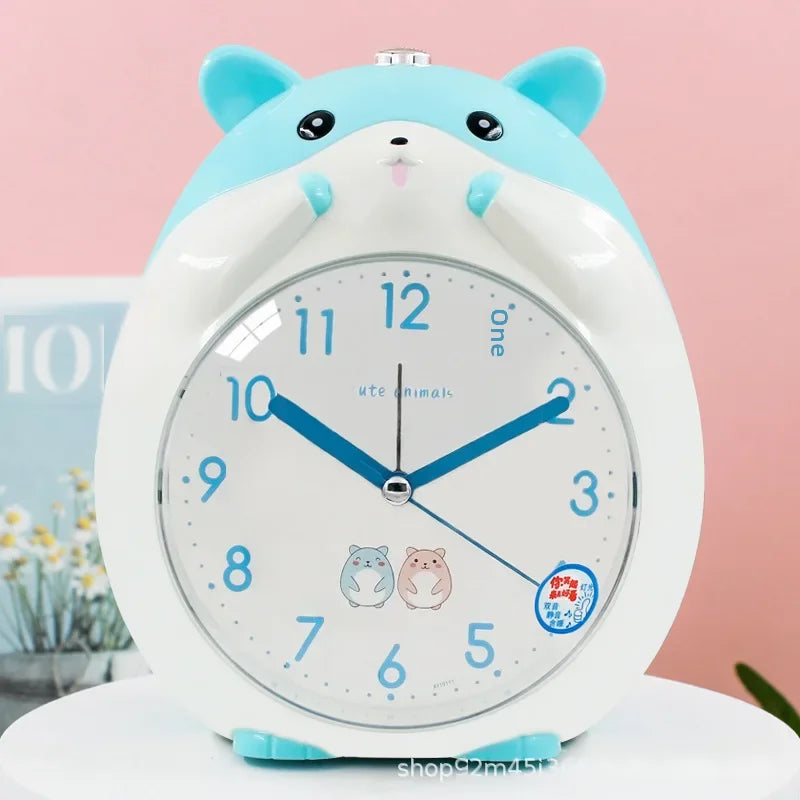 Front view of a Kawaii Cute Hamster Clock & Night Light in blue and white 