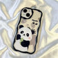 kawaii panda samsung phone case with no ears and a panda stood up holding bamboo displayed on the case on a white silk background