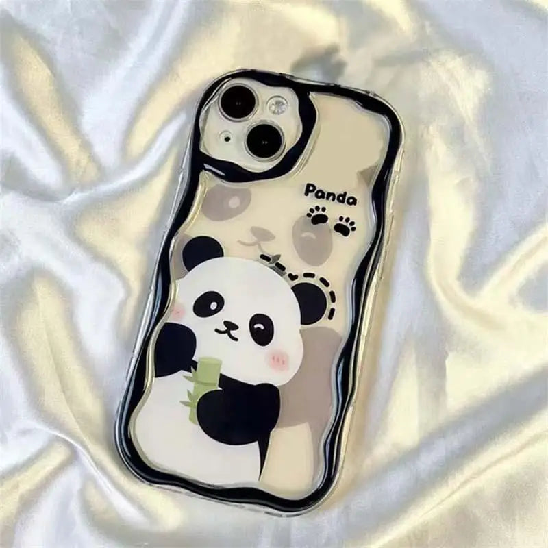 kawaii panda samsung phone case with no ears and a panda stood up holding bamboo displayed on the case on a white silk background