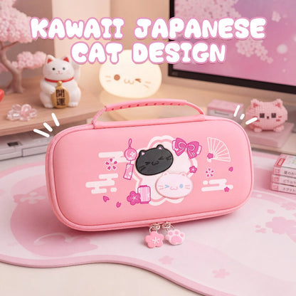 Pink pencil case with kawaii cat design on a desk with decorative items.